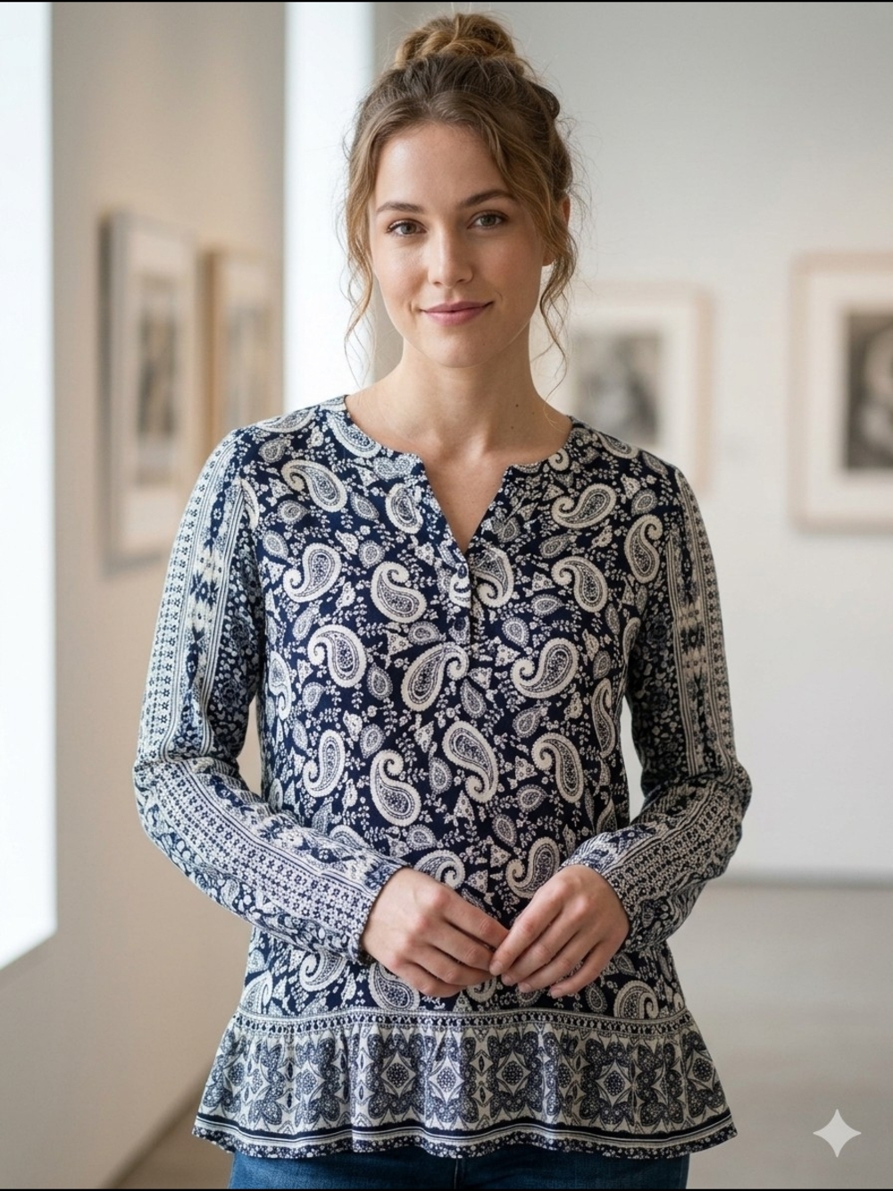 Altar'd State 100% Rayon Gauze Women’s Navy Paisley Peplum Long-Sleeve Top Small